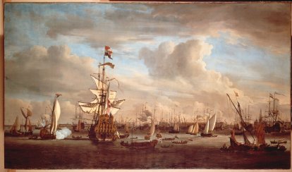 Het IJ vol met schepen in de 17e eeuw